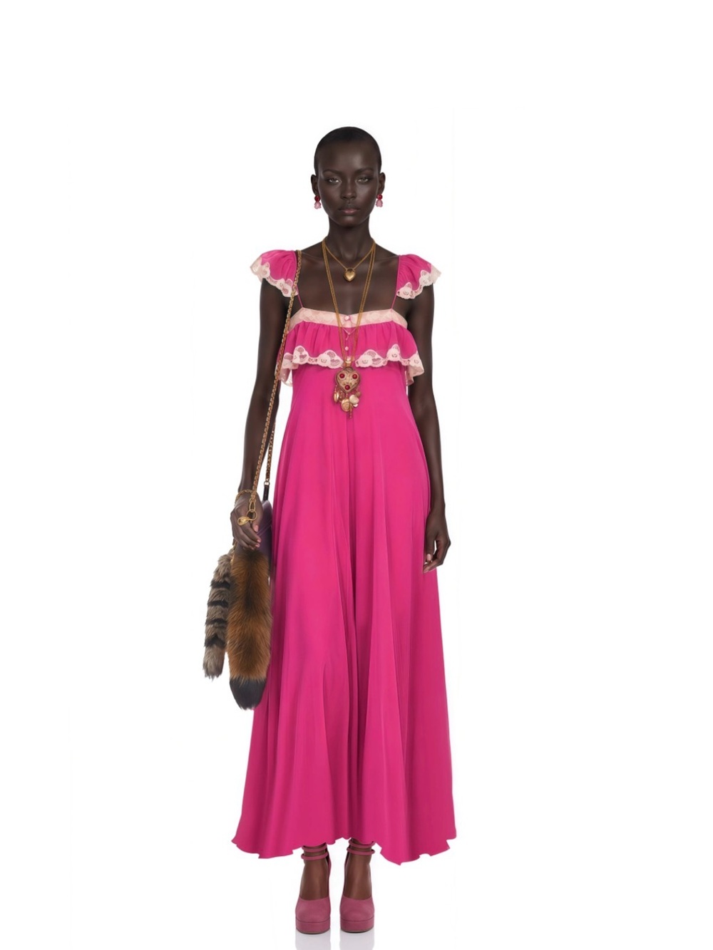 Ruffled Fuchsia Maxi Dress with Lace-Trim Details